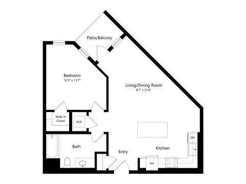 Floor plan for 1 bed, 1 bath, 777 sqft